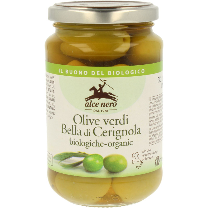 Oliwki Zielone Bella Di Cerignola z Pestką w Zalewie BIO 350g (180g) | ALCE NERO - Ekochatka