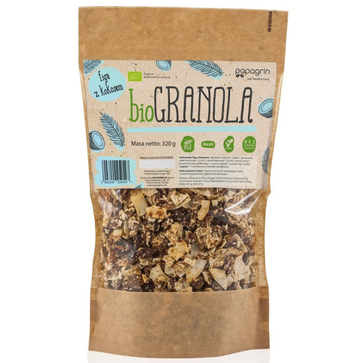 Granola Figa z Kokosem bez Dodatku Cukrów Bezglutenowa BIO 320g | PAPAGRIN - Ekochatka