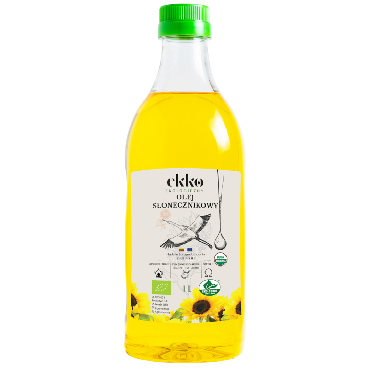 Olej Słonecznikowy do Gotowania i Smażenia Tłoczony na Zimno BIO 1l | EKKO - Ekochatka