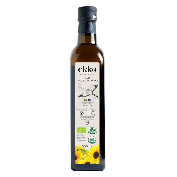 Olej Słonecznikowy do Gotowania i Smażenia Tłoczony na Zimno BIO 500ml | EKKO - Ekochatka
