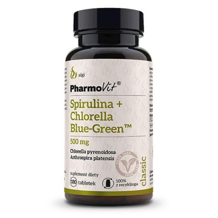 Spirulina + Chlorella Blue-green Bezglutenowa 180 Tabletek | PHARMOVIT - Ekochatka