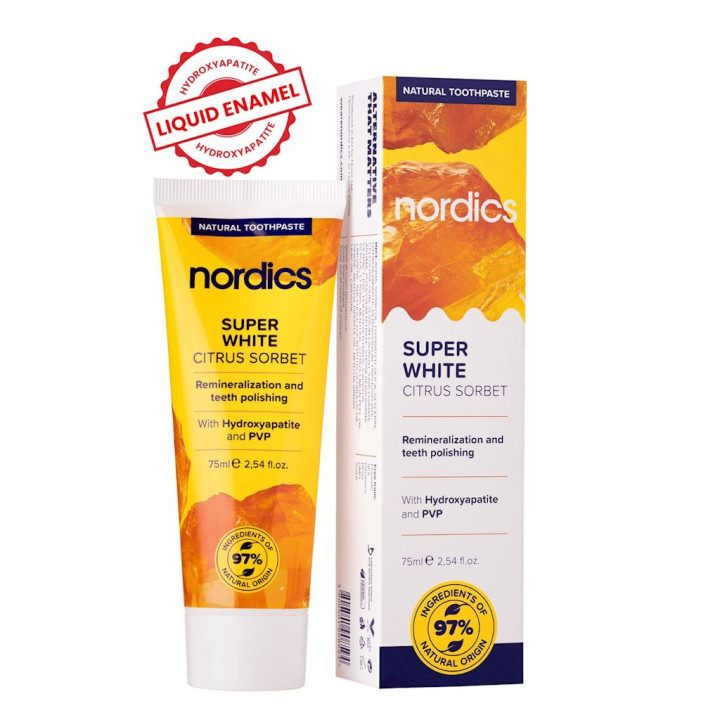 Pasta do Zębów Remineralizująca Super White z Płynnym Szkliwem bez Flu | NORDICS - Ekochatka