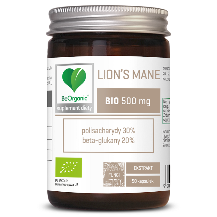 Grzyby Soplówka Jeżowata (Lion's Mane) Ekstrakt BIO (500 mg) 50 Kapsuł | BE ORGANIC - Ekochatka