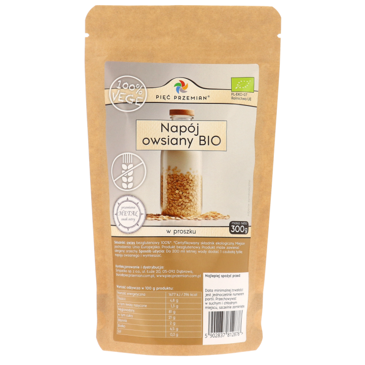 Napój Owsiany w Proszku Bezglutenowy BIO 300g | PIĘĆ PRZEMIAN - Ekochatka
