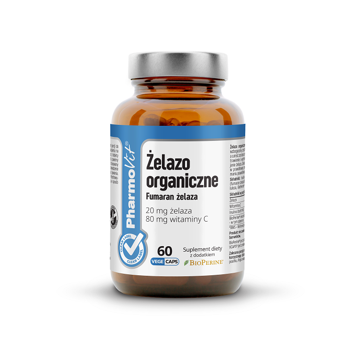 Żelazo Organiczne 20 mg z Witaminą C Bezglutenowe 60 Kapsułek - Pharmo