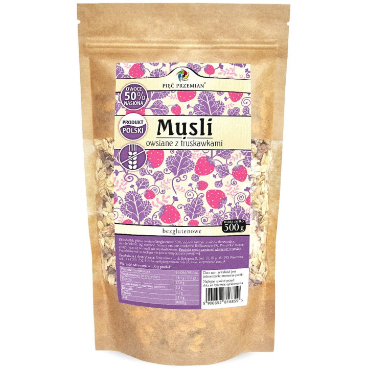 Musli Owsiane Truskawkowe Bezglutenowe 500 g - Pięć Przemian - Ekochat