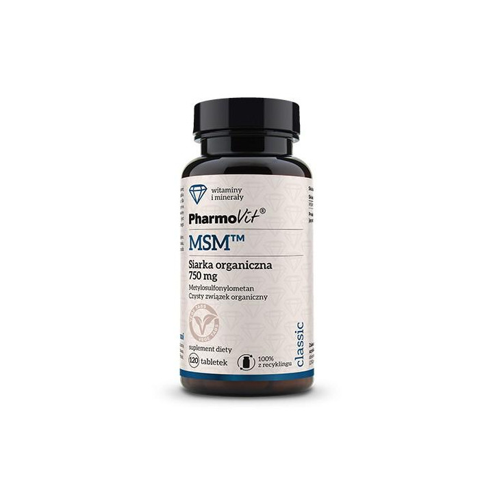 MSM Siarka Organiczna 750 mg Bezglutenowa 120 Tabletek - Pharmovit - E