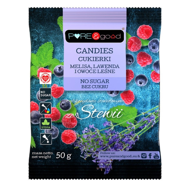 Cukierki z Melisą, Lawendą i Owocami Leśnymi ze Stewią 50 g - Pure&Goo