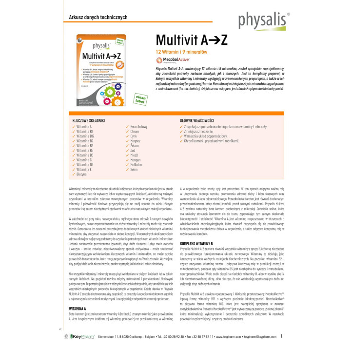 Multiwitamina A-Z Kompleks Witamin i Mineralow 45 Tabletek - Physalis 