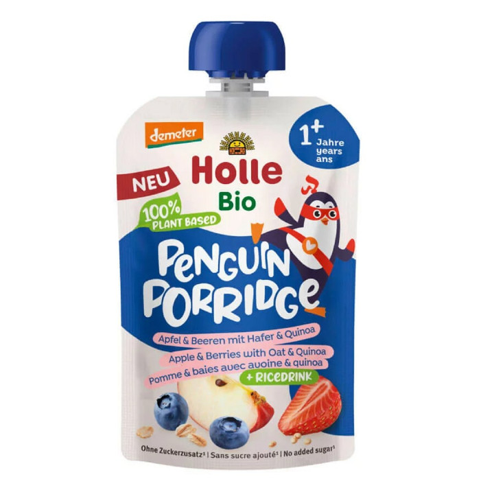 Mus Owsiankowy Pingwin z Jablkiem, Jagodami i Quinoa BIO 110 g - Holle