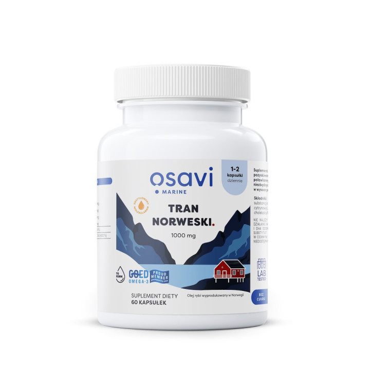 Tran Norweski 1000 mg Smak Cytrynowy Bezglutenowy 60 Kapsułek - Osavi 