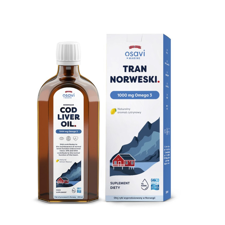 Tran Norweski Omega-3 1000 mg Cytrynowy 250 ml - Osavi - Ekochatka