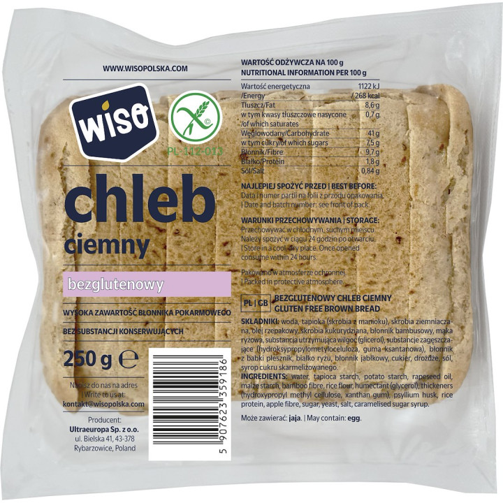 Chleb Ciemny Krojony Bezglutenowy 250 g - Wiso - Ekochatka