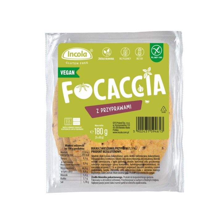 Bułki Focaccia z Przyprawami Bezglutenowe 3 szt. 180 g - Incola - Ekoc