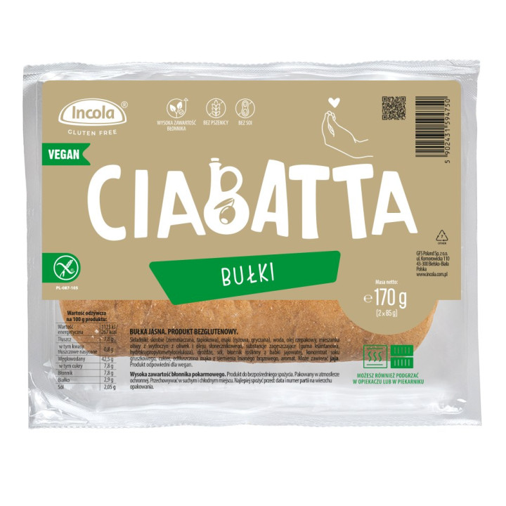 Bułki Ciabatta Bezglutenowe 2 szt. 170 g - Incola - Ekochatka