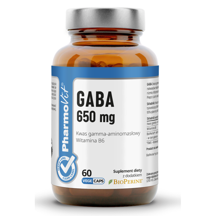 GABA Kwas Gamma-Aminomasłowy 650 mg Bezglutenowy Wegański 60 Kapsułek 