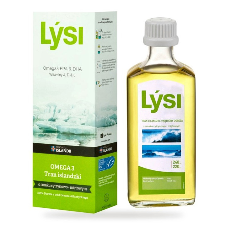 Tran Islandzki Omega-3 1080 mg o Smaku Cytrynowo-Miętowym 240 ml - Lysi