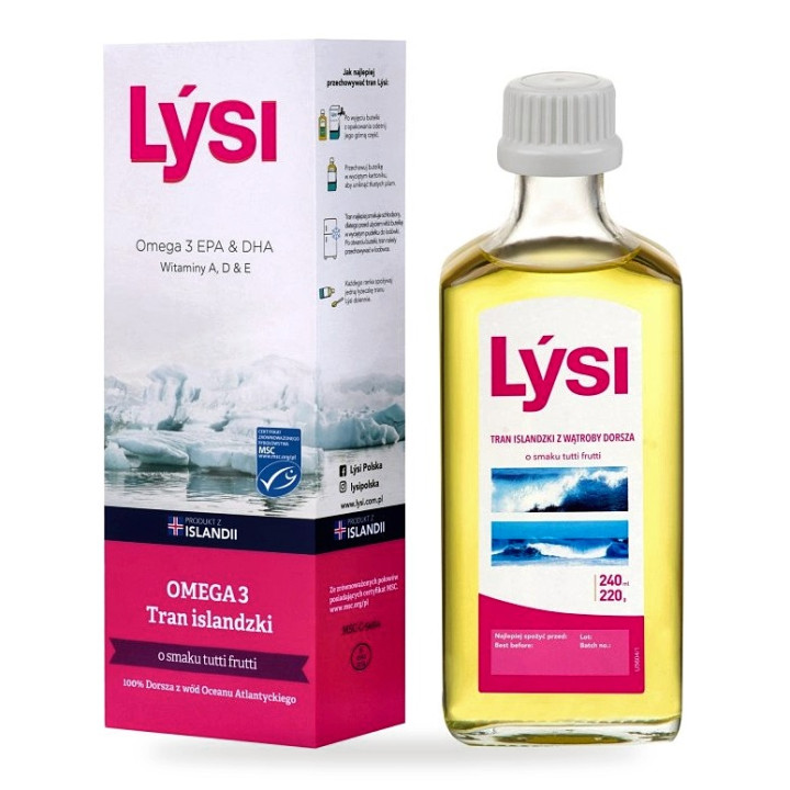 Tran Islandzki Omega-3 1080 mg o Smaku Tutti Frutti MSC 240 ml - Lysi