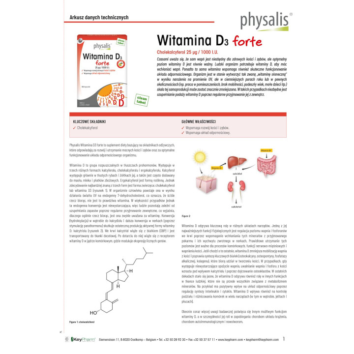 Witamina D3 25 μg Forte 100 Kapsułek 54 g - Physalis - Ekochatka