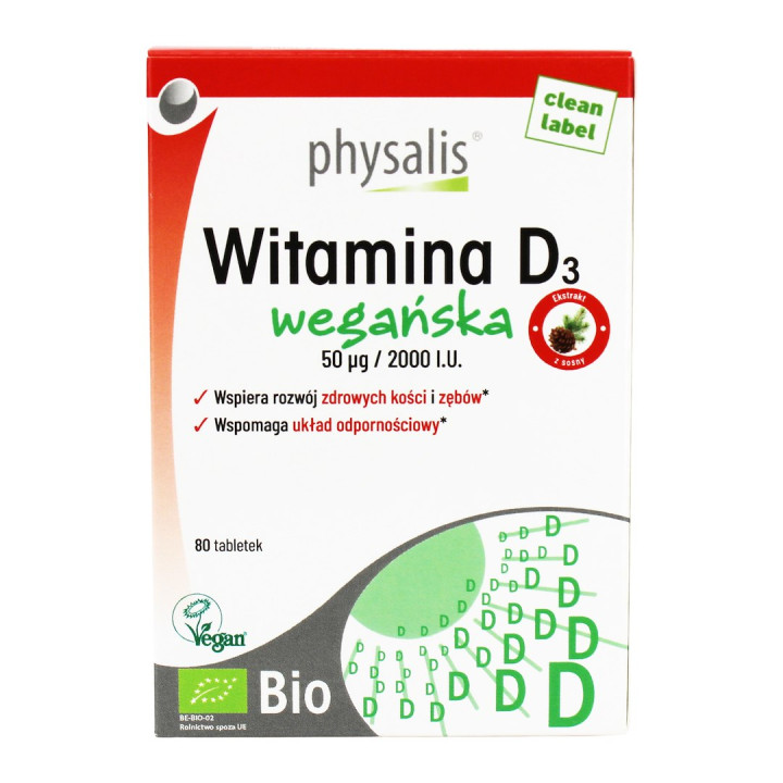 Witamina D3 Wegańska BIO 50 μg 80 Tabletek - Physalis - Ekochatka