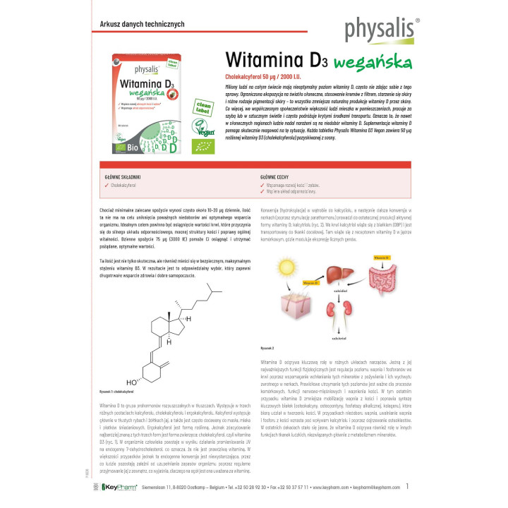 Witamina D3 Wegańska BIO 50 μg 80 Tabletek - Physalis - Ekochatka