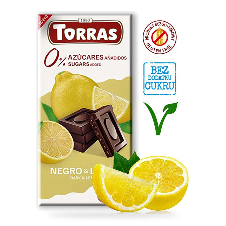 Czekolada Gorzka z Cytryną bez Cukru Bezglutenowa Wegańska 75 g - Torras