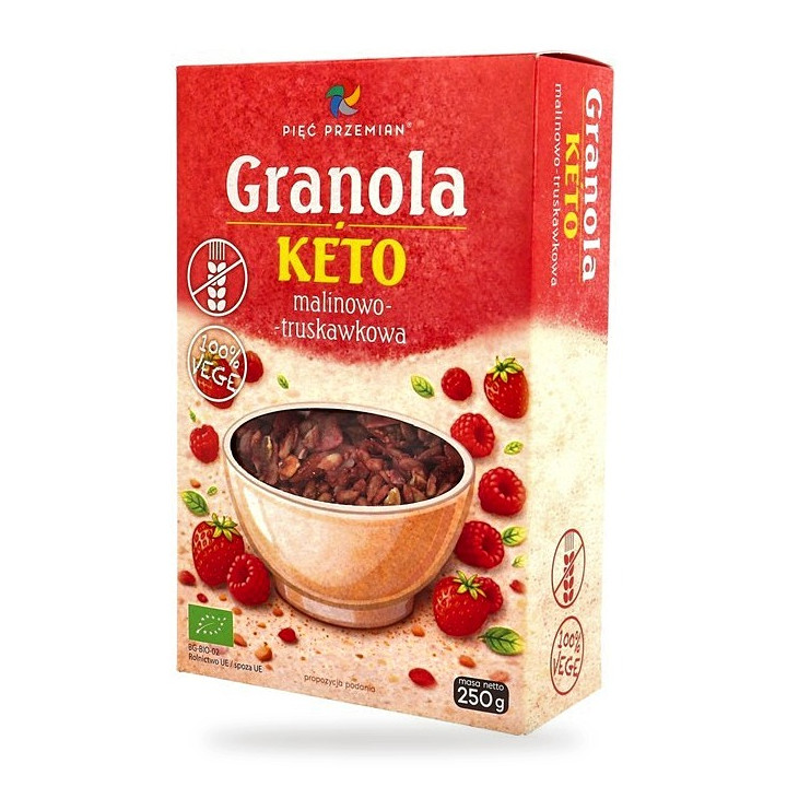 Granola Malinowo-Truskawkowa Keto Bez Dodatku Cukrów Bezglutenowa BIO 250 g - Pięć Przemian