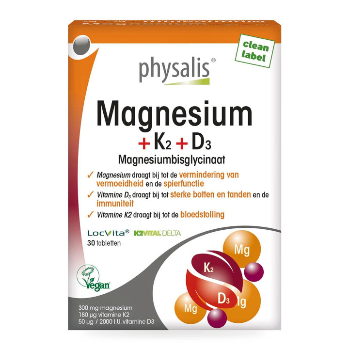 Magnez + Witamina K2 i D3 Wegański 30 Tabletek - Physalis - Ekochatka