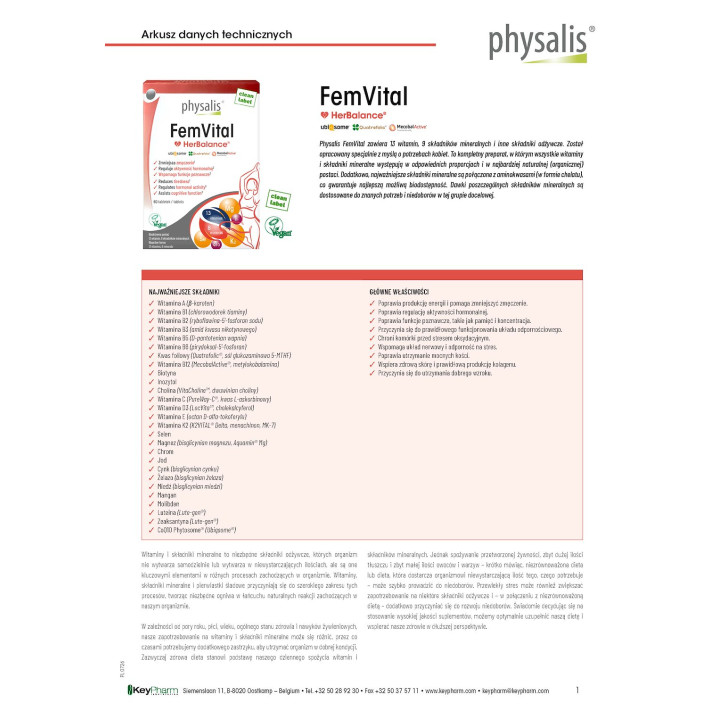 Femvital Tabletki na Witalność Dla Kobiet Wegańskie 60 szt. - Physalis