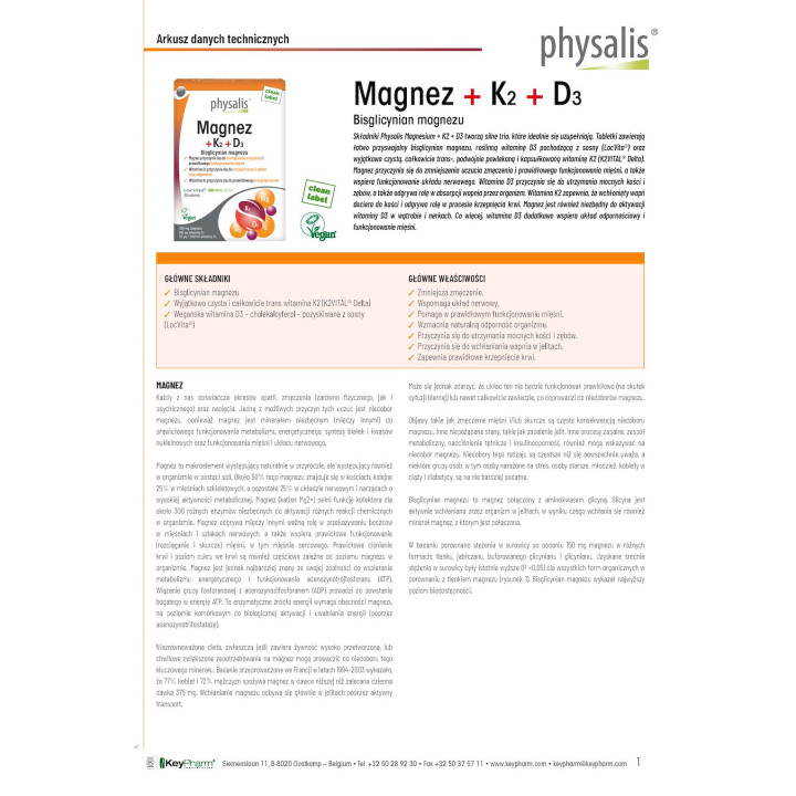 Magnez + Witamina K2 i D3 Wegański 30 Tabletek - Physalis - Ekochatka