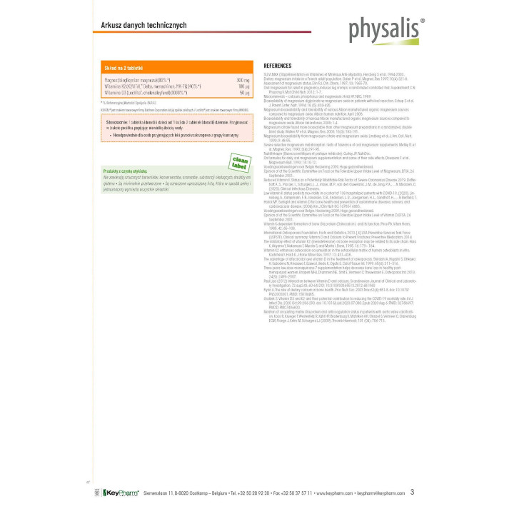 Magnez + Witamina K2 i D3 Wegański 30 Tabletek - Physalis - Ekochatka