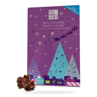 Kalendarz Adwentowy z Czekolady Jagodowej z Witaminą C z Aceroli bez Dodatku Cukrów BIO Wegański 180 g - Cocoa