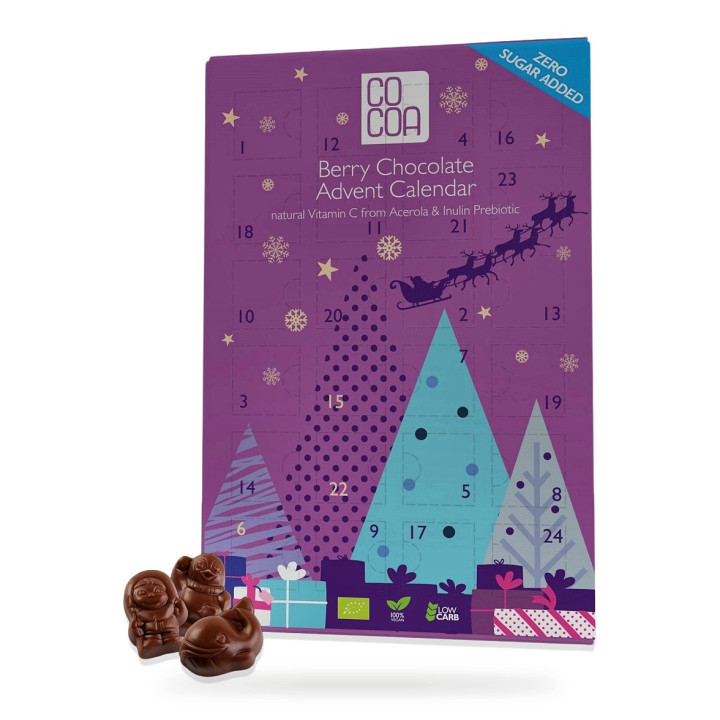 Kalendarz Adwentowy z Czekolady Jagodowej z Witaminą C z Aceroli bez Dodatku Cukrów BIO Wegański 180 g - Cocoa
